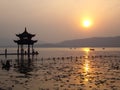 Sunset at Jixian Pavilion at West Lake Hangzhou China Royalty Free Stock Photo