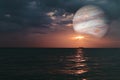 sunset and jupiter on horizontal sea water surface colorful cloud sky Royalty Free Stock Photo