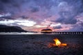 Sunset in Kauai Hanalei beach with camp fire Royalty Free Stock Photo