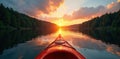 Sunset kayak on calm lake, lush forest backdrop, tranquil, beautiful Royalty Free Stock Photo