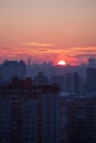 Sunset in Kiev, evening view of the panorama of the city, the church and the statue of the Motherland. Evening color urban