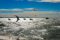 The sunset with kite surfers enjoying the sea Royalty Free Stock Photo