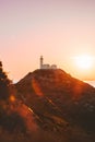 Sunset Knidos Lighthouse on mountain above Aegean sea landscape travel in Turkey