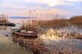 Sunset on the lake Balaton with a boat Royalty Free Stock Photo