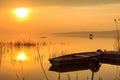 Sunset on the lake Balaton with a boat Royalty Free Stock Photo