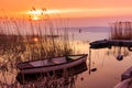 Sunset on the lake Balaton with a boat Royalty Free Stock Photo