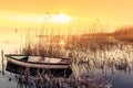 Sunset on the lake Balaton with a boat Royalty Free Stock Photo