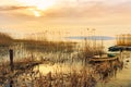 Sunset on the lake Balaton with a boat Royalty Free Stock Photo