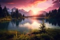 Sunset at the lake in Banff National Park, Alberta, Canada, Beautiful lake landscape view with green trees, mountains, and sunset Royalty Free Stock Photo