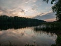 Sunset on the lake. beautiful colors. chaotic clouds