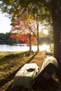 Sunset at the Lake with boats on the land Royalty Free Stock Photo