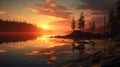 Serene Sunset: Hyperrealistic Illustration Of A Lake At Dusk