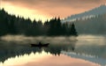 Sunset on Lake with fog and boat,Digital painting,Forest,reflection,Landscape,Mountains