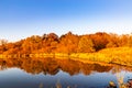 Sunset on the Lake; lakeshore beautiful skyline with fall foliage colors reflections in the lake Royalty Free Stock Photo