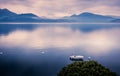 Sunset at lake maggiore with mountains and motorboat Royalty Free Stock Photo