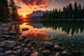 Sunset at Lake Misurina, Dolomites, Italy, AI Generated Royalty Free Stock Photo