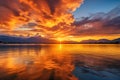 Sunset on the lake with mountains in the background, New Zealand, Bright sunset over Lake Geneva, Switzerland, with golden clouds Royalty Free Stock Photo