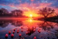 Sunset on the lake with red eggs in the shape of a heart, A bright Easter morning sunrise, AI Generated Royalty Free Stock Photo