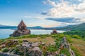 Sunset on Lake Sevan, view of the Sevanavank Monastery, ArmeniaÃ¢â¬â¢s famous Royalty Free Stock Photo