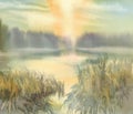 Sunset by the lake watercolor background