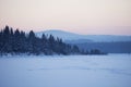 Sunset on lake Zyuratkul. Winter landscape