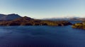 Sunset on lakes of argentinian patagonia bariloche from drone Royalty Free Stock Photo