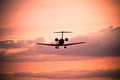 Sunset with landing airplane