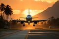 Sunset landing of airplane on runway, palm trees and mountains. travel concept Royalty Free Stock Photo