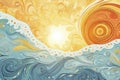 Sunset landscape graphic design, blue water ocean waves with abstract vintage art illustration, orange sun Royalty Free Stock Photo