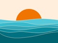 Sunset landscape boho 70`s style retro graphic design, blue water ocean waves with abstract vintage art illustration, orange sun