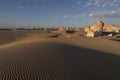 Sunset landscape with chalck rock formations at the White desert national park in Egypt Royalty Free Stock Photo