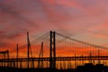 Sunset landscape in city with bridge and yachts Royalty Free Stock Photo