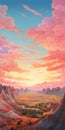 Sunset Landscape Illustration In Cloudpunk Style Royalty Free Stock Photo