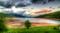 Sunset Landscape of Mavrovo national park with mountain and lake, FYR Macedonia