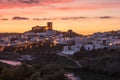 Sunset landscape in Mertola. Medieval city called Mertola in Alentejo, Portugal. Medieval castal on top of the hill in center of