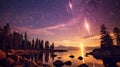 sunset landscape with meteor shower in action. Starry sky with lake and forest. Beautiful Universe Royalty Free Stock Photo