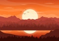 Sunset Landscape of Mountains, Hill, Wilderness, Sands, Lake and Valley in Flat Wild Nature for Poster, Banner or Background Royalty Free Stock Photo