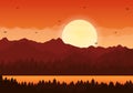 Sunset Landscape of Mountains, Hill, Wilderness, Sands, Lake and Valley in Flat Wild Nature for Poster, Banner or Background Royalty Free Stock Photo