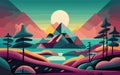 Sunset landscape with mountains, lakes, and tropical forests. Vector illustration in flat style, nature scene, generative ai Royalty Free Stock Photo