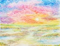 Sunset landscape oil pastel painted