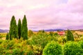 Sunset landscape panoramic view in Tuscany, Italy