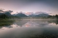 The sunset landscape of the picturesque lake surrounded by mountain peaks and canyons Royalty Free Stock Photo