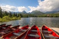 The sunset landscape of the picturesque lake surrounded by mountain peaks and canyons Royalty Free Stock Photo