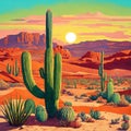 Sunset Landscape Saguaro Cactus in the Middle of the Desert. Generative Ai. Ai