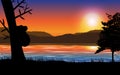 Sunset landscape with sea,mountain and tree with koala silhouette.