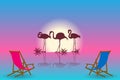 Sunset landscape with silhouettes of flamingos