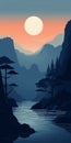 Tranquil Mountain Sunset At Lake - Dark Cyan And Navy 2d Game Art