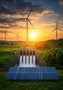 Sunset Landscape with Wind Turbines Hydroelectric Dam and Solar Panel Royalty Free Stock Photo