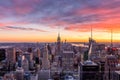 Sunset landscapes of the city skyline, facade view of the Empire State Building in New York, USA