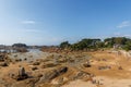 Sunset landscapes of the famous Cote de Granit Rose Rose coast near Lannion, Coastline in Phare de Men Ruz, Brittany, France